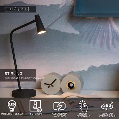 Lucide STIRLING - wiederaufladbare Schreibtischlampe - Akku/Batterie - LED 3 StepDim - 1x3W 2700K - Schwarz